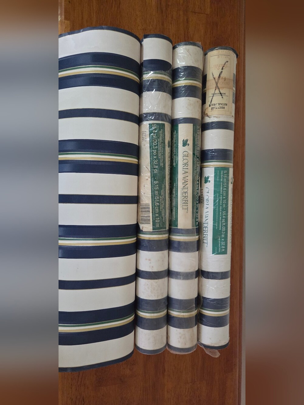 Vintage Gloria Vanderbilt Navy, White & Green Striped Wallpaper Rolls
